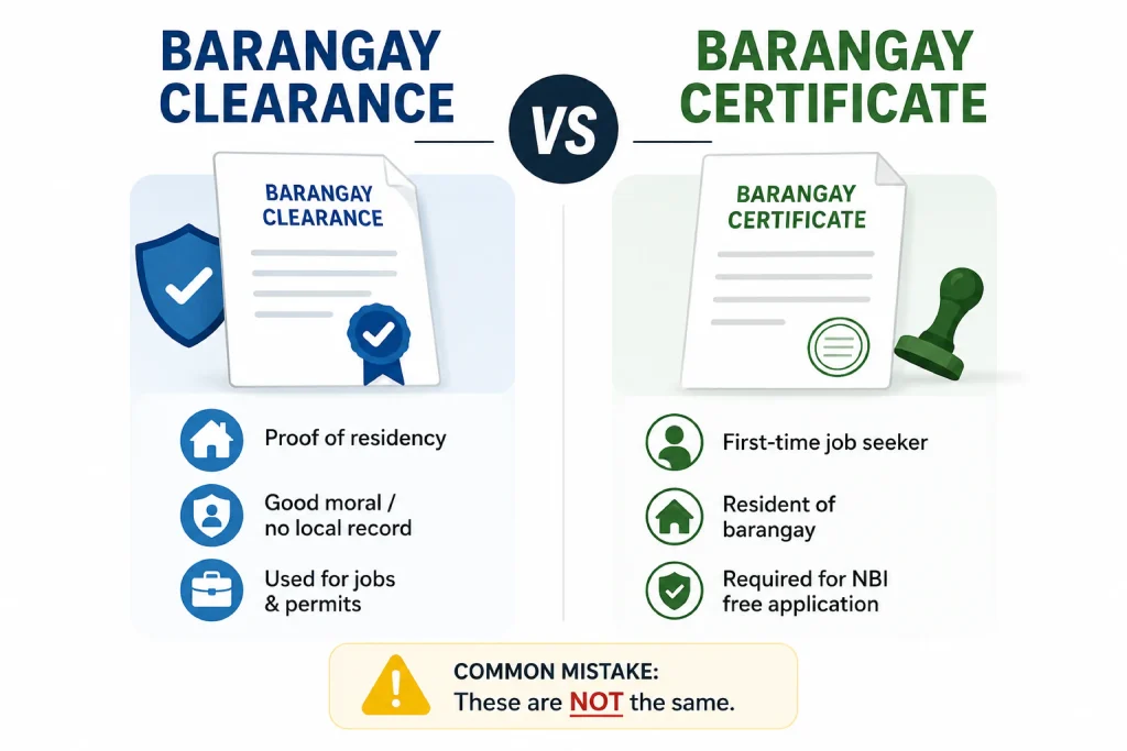 Barangay Certificate for NBI Clearance | FTJS Requirements 2026 2 Infographic comparing Barangay Clearance and Barangay Certificate for NBI applicants