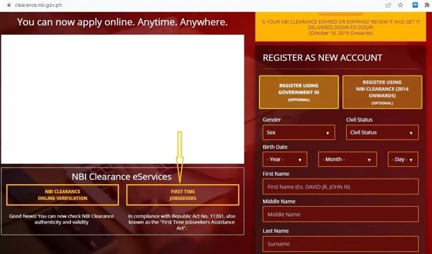 Barangay Certificate for NBI Clearance | FTJS Requirements 2026 3 NBI Clearance portal showing first-time job seeker registration option for applicants