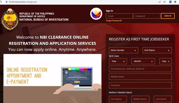 Barangay Certificate for NBI Clearance | FTJS Requirements 2026 4 NBI FTJS portal registration page for first-time job seeker account creation